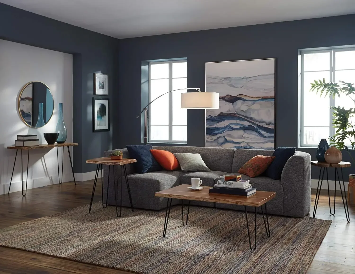 Grampo de cabelo em madeira natural com mesa de centro de metal de 42", borda viva, 42 polegadas