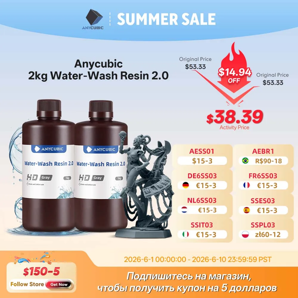 ANYCUBIC Water-Wash Resin For LCD 3D Printer High Precision Low Odor Low Viscosity 3D Printing Standard Photopolymer