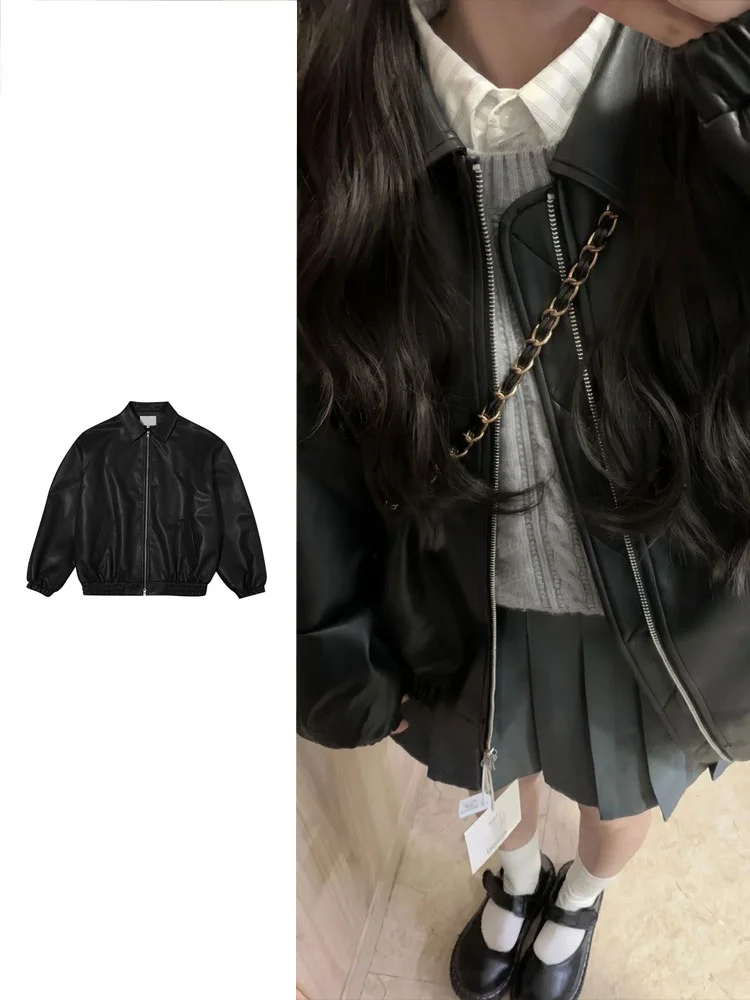 Large Size Retro Hong Kong Style Black PU Leather Jacket Women's Spring Autumn New Style Versatile Loose Fit Baseball Coat
