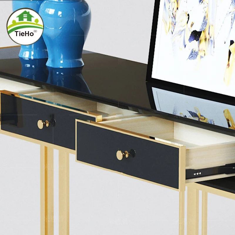 Modern Simple Stainless Steel Console Table With Solid Wood Drawer Luxury Hallway Side Table Entrance Living Room Cabinet Decor