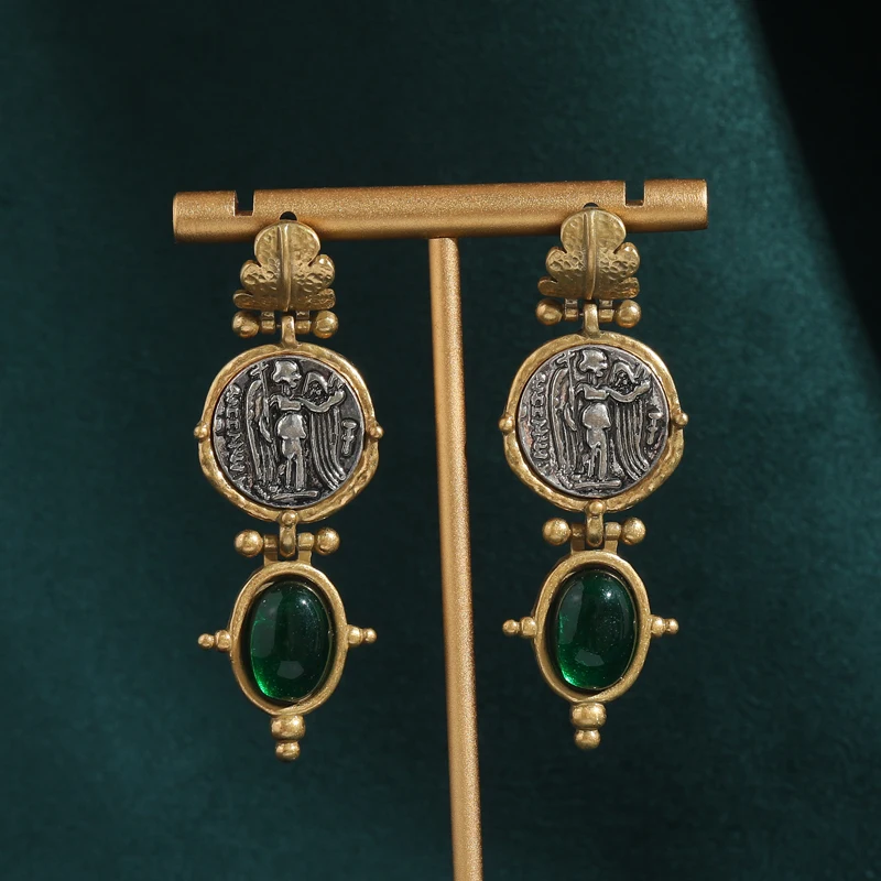 

Vintage Emerald Green Oval Natural Stone Dangle Earrings Pendant Gold Color Coin Antique Jewelry for Woman Accessories Luxury