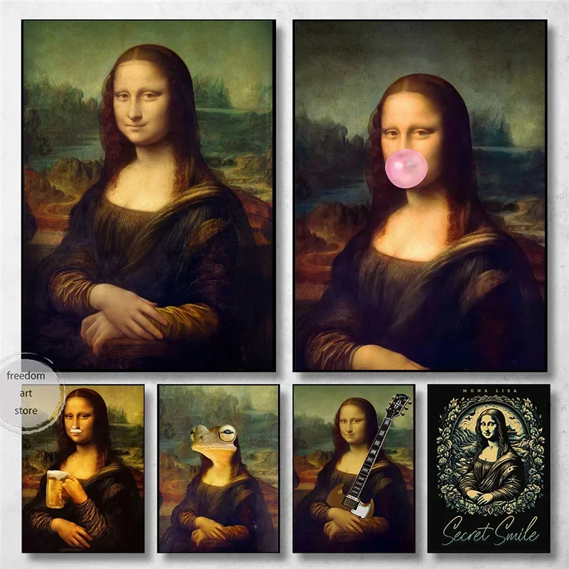 (No frame)Famous Vintage Mona Lisa with Bubble Gum Secret Smile Art Poster Canvas Painting Wall Prints Picture for Living Roo