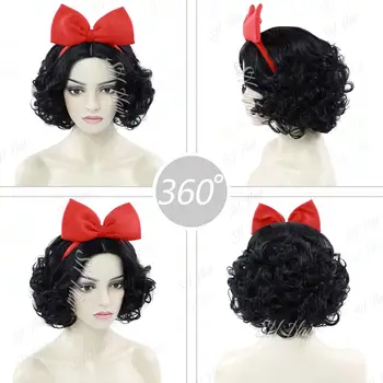 女士合成短黑色波波頭假髮,白雪公主捲髮波浪角色扮演假髮,適合萬聖節派對,配有紅色蝴蝶結髮箍 8 最佳銷售 公主假髮 - №7