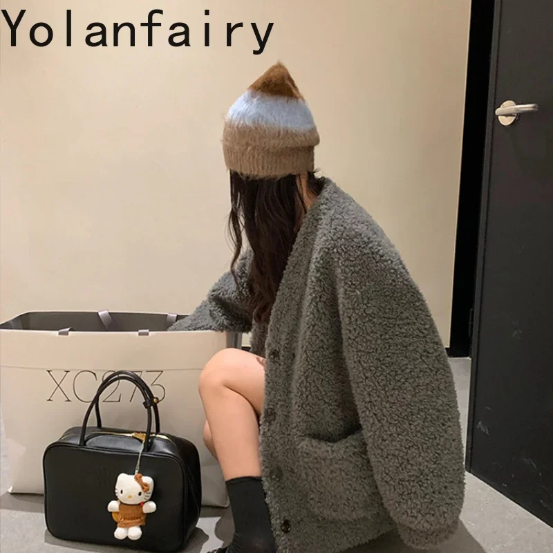 YOLANFAIRY 100% Wool and Sheep Shearling Fur Coat Womens New in Outwears Women Clothes Winter Fashion Coats Пальто Женское