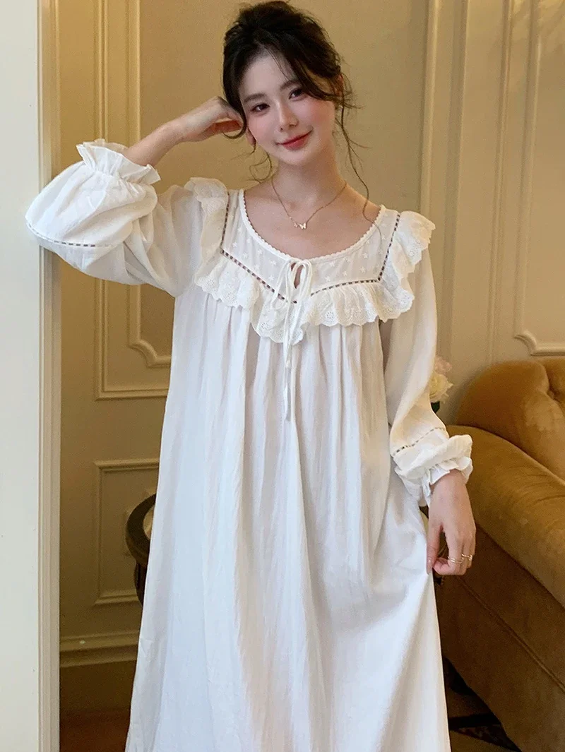 

French Nightgown for Women Autumn Princess Cotton Sleepwear Long Sleeve Loose Home Clothes Victorian Nightdress Loungewear