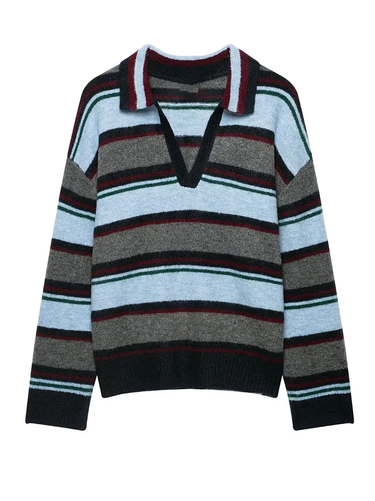 HH Date Night Party Multicolor Striped Polo Collar Deep V Neck Drop Shoulder Knit Sweater Women Fall Retro Glam Chic Top