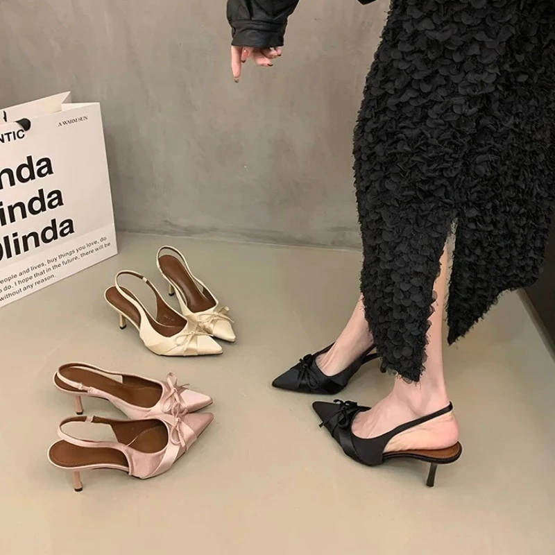 

Новинка 2025 года, элегантные туфли-лодочки с бантом на мелком каблуке, женские модные вечерние модельные туфли с острым носком, удобная брендовая дизайнерская обувь на высоком каблуке