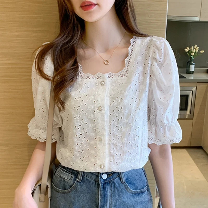 Short Sleeve Lace Hollow Out White Women Blouse Fashion Elegant Summer Vintage Tops Square Collar Shirt