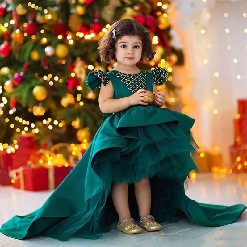 

Green satin large bow birthday party dress layered wedding flower girl dress customization