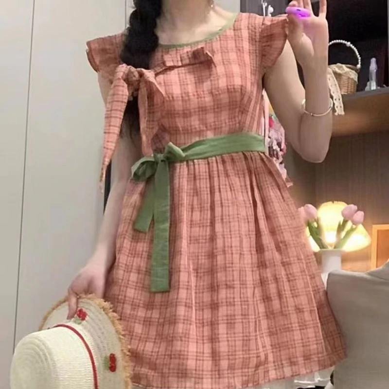 Versatile Sweet Plaid Dresses Women Korean Style Summer Bow Lace-up Flying Sleeve O-neck High Waisted A-line Short Dress Female