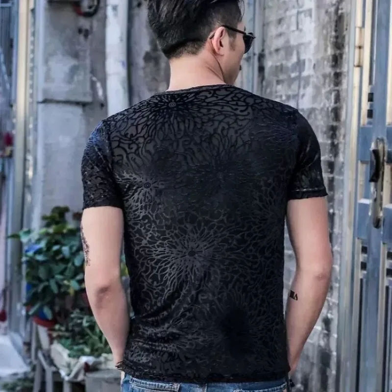 Summer 2024 Men\'s Pullover Round O-Neck Mesh Ice Silk Printed Slim Fit Comfortable and Versatile Casual Short Sleeve T-shirt Top