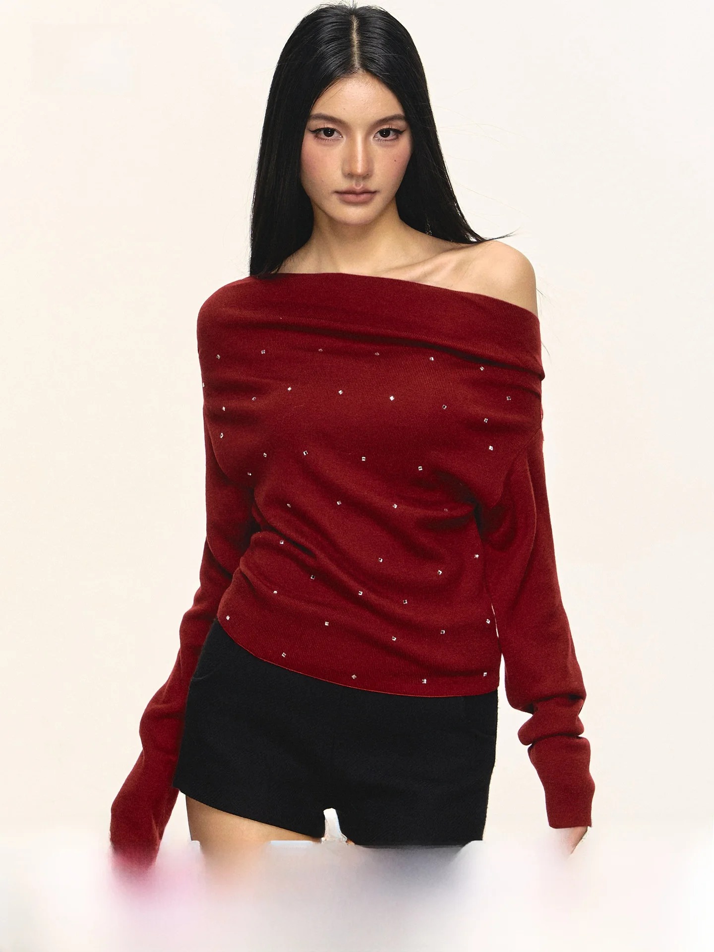 

Anna Aneae Red Shoulder Bared Woolen Sweater Women's Loose Fit Trendy Top Casual Style Spring Collection for Young Girls