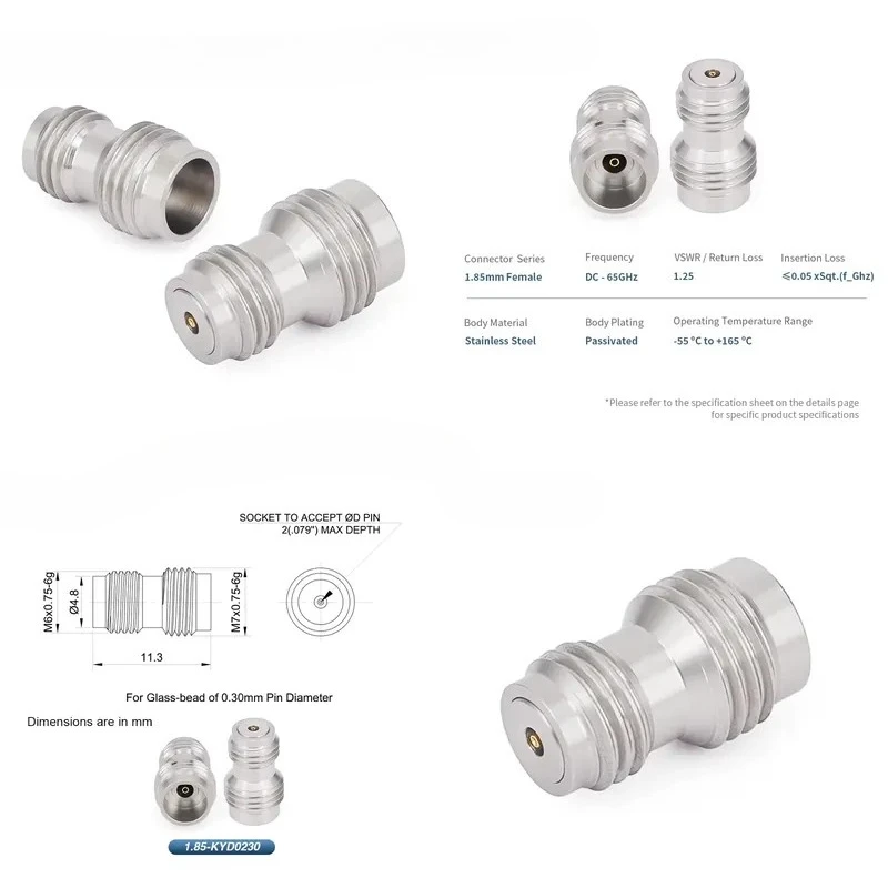 1.85Mm female connector for glass bead type 50 ohm impedance stainless steel PCB, compatible with DC-65GHz, RoHS compliant