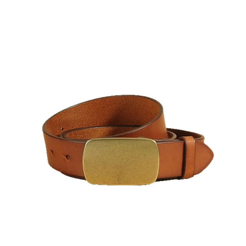 本革メンズベルト、銅製バックル、ヴィンテージカジュアルスタイル、トップレイヤーのツリーグルーレザー製。
