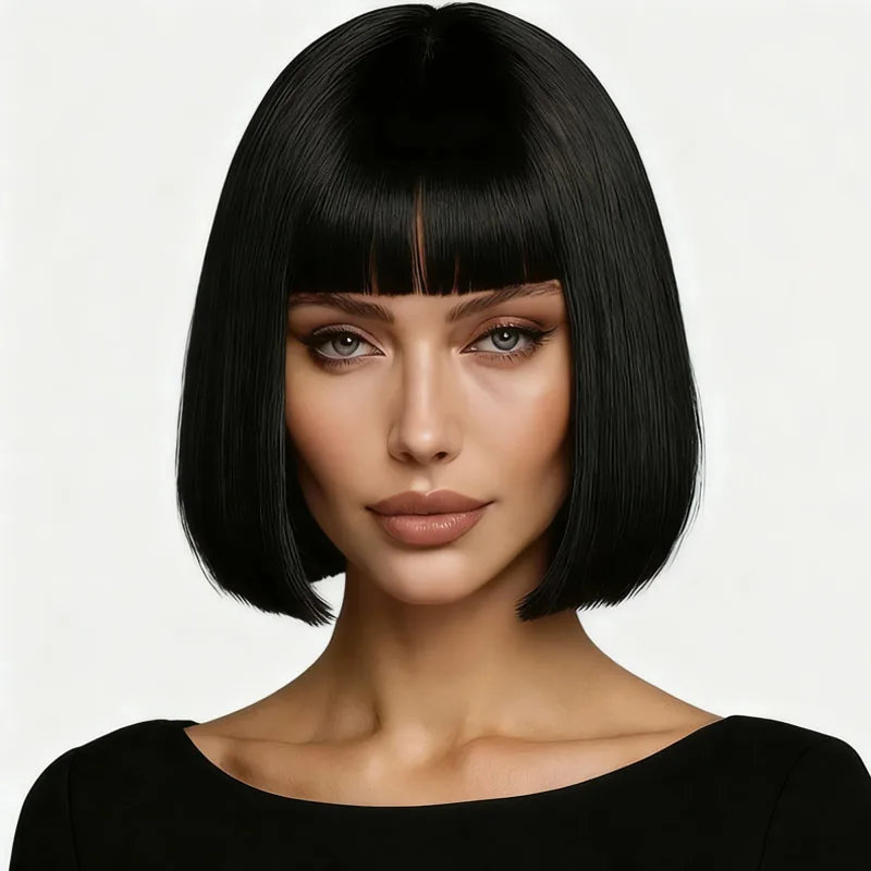 Synthetic black 12 inch bob wig suitable for all women, natural fluffy Christmas music COSPLAY versatile styling wig