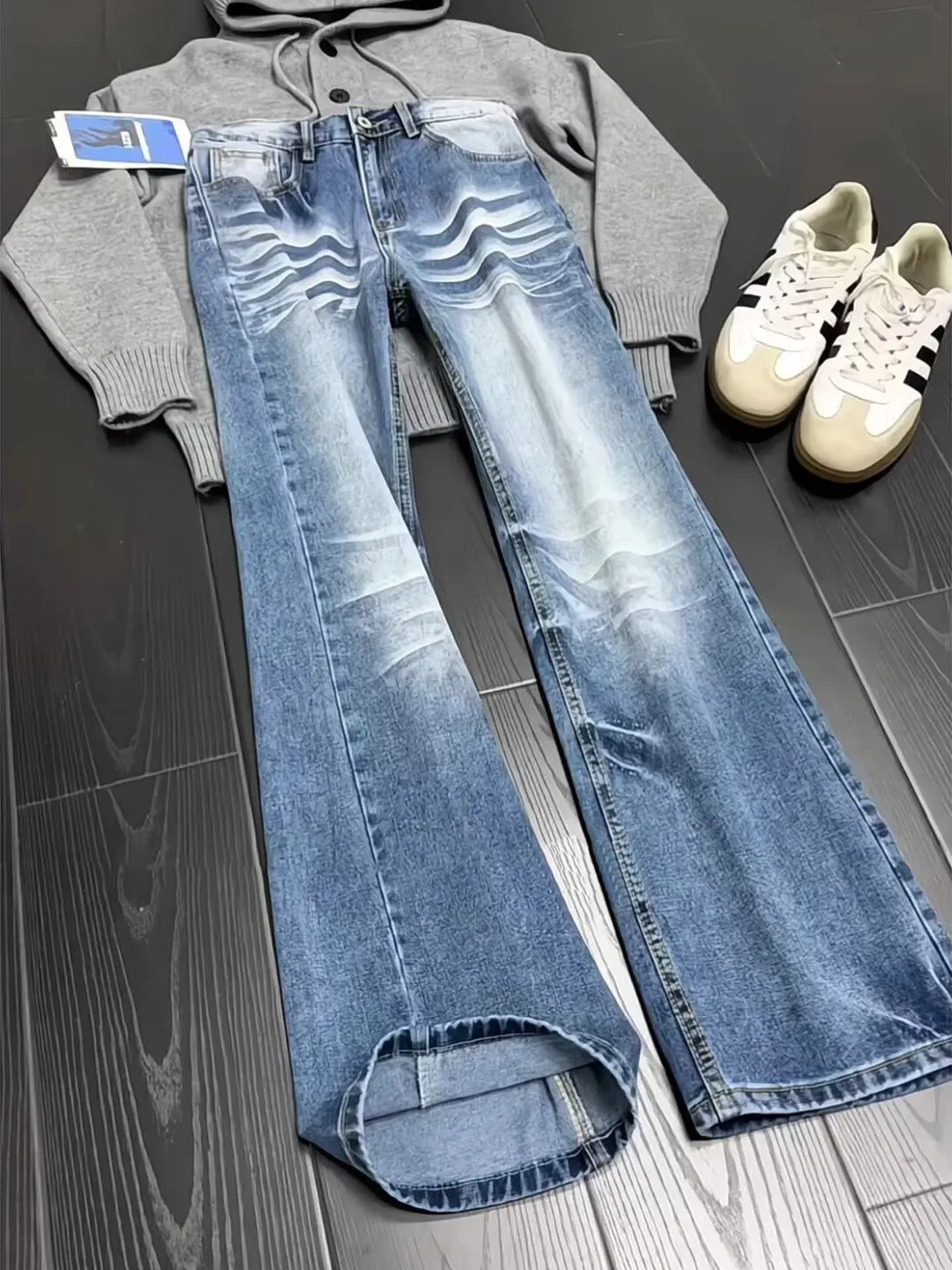 Spring Washed Black Lightning Pattern Men's Micro Flare Jeans Straight Leg Casual Wear Resistant mid Waist Zipper Closure