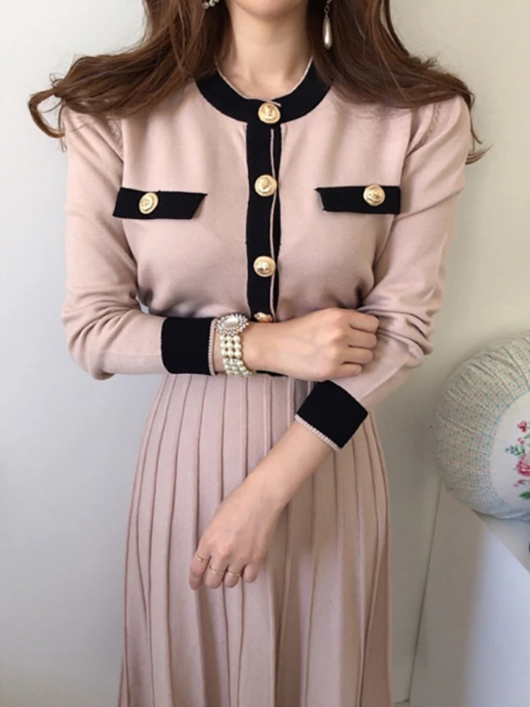 2023 Autumn Korean Knitted Women Long Pleated Dress Women Long Sleeve Single-breasted A-line Dresses Elegant Ladies Vestidos