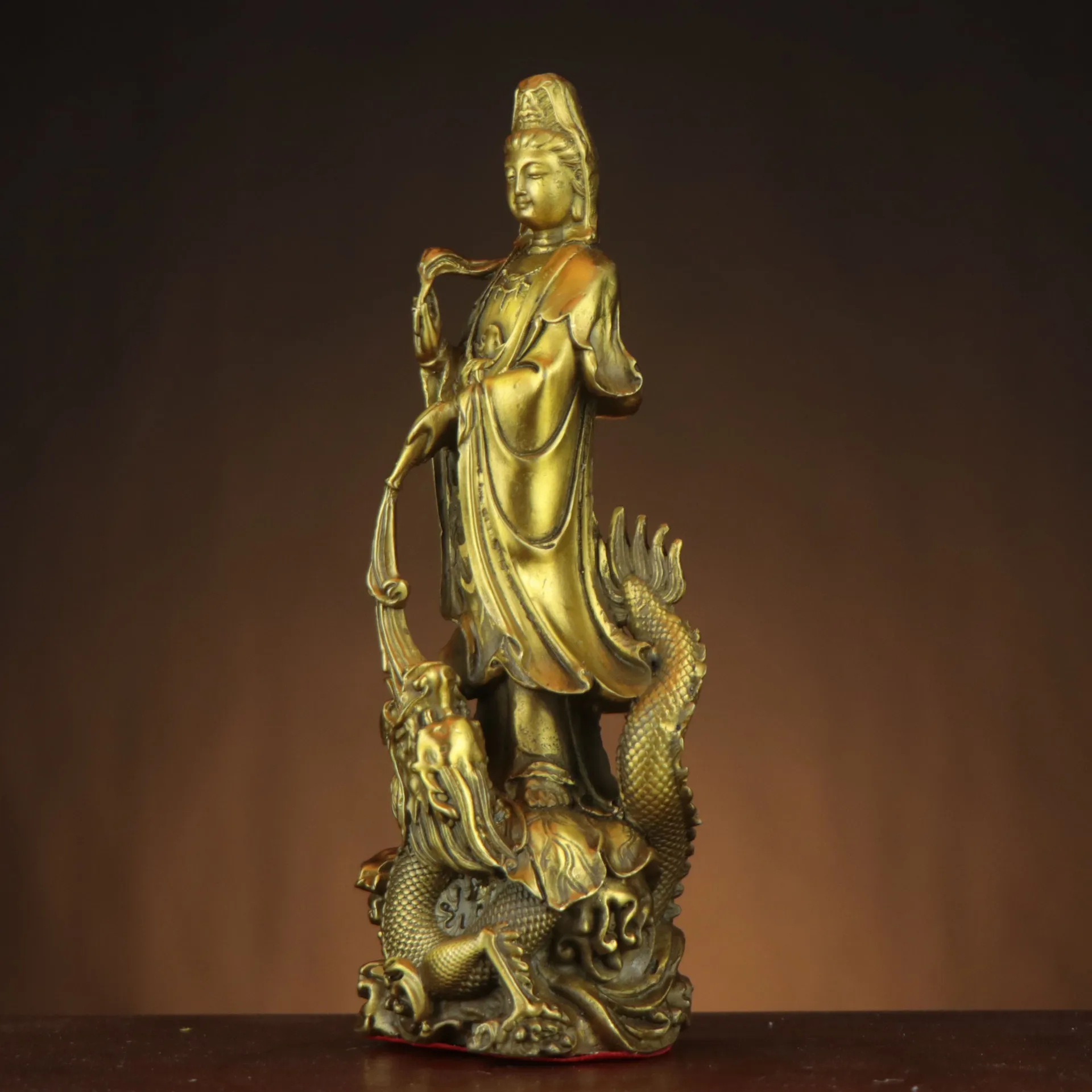 Vintage Brass Imperial Dragon Guanyin Buddha Statue Home Deity Ornament