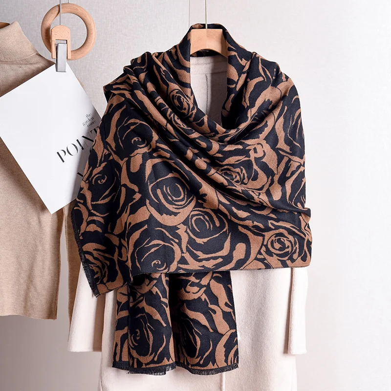 

Fancy Warm Cashmere Feel Scarf Women Soft Print Rose Shawl and Wraps Ladies Blanket Foulard Winter Pashmina Bandana Bufanda