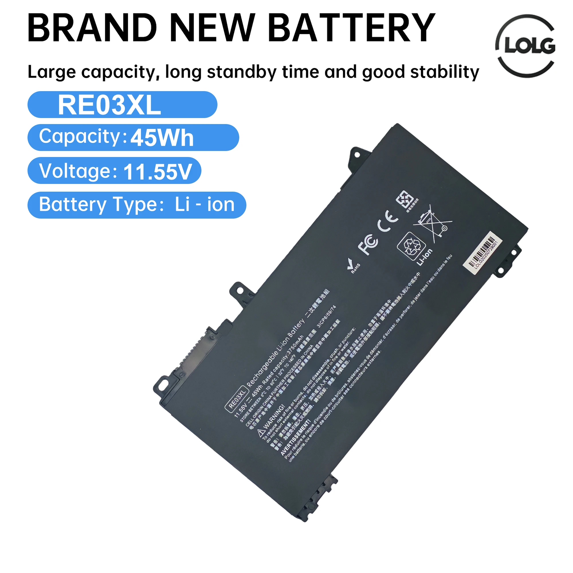 LOLG RE03XL laptop Battery For HP ProBook 430 440 445 445R 450 455R 455 G6 G7 ZHAN 66 Pro 13 14 15 G2 G3 HSTNN-0B1C HSTNN-UB7R