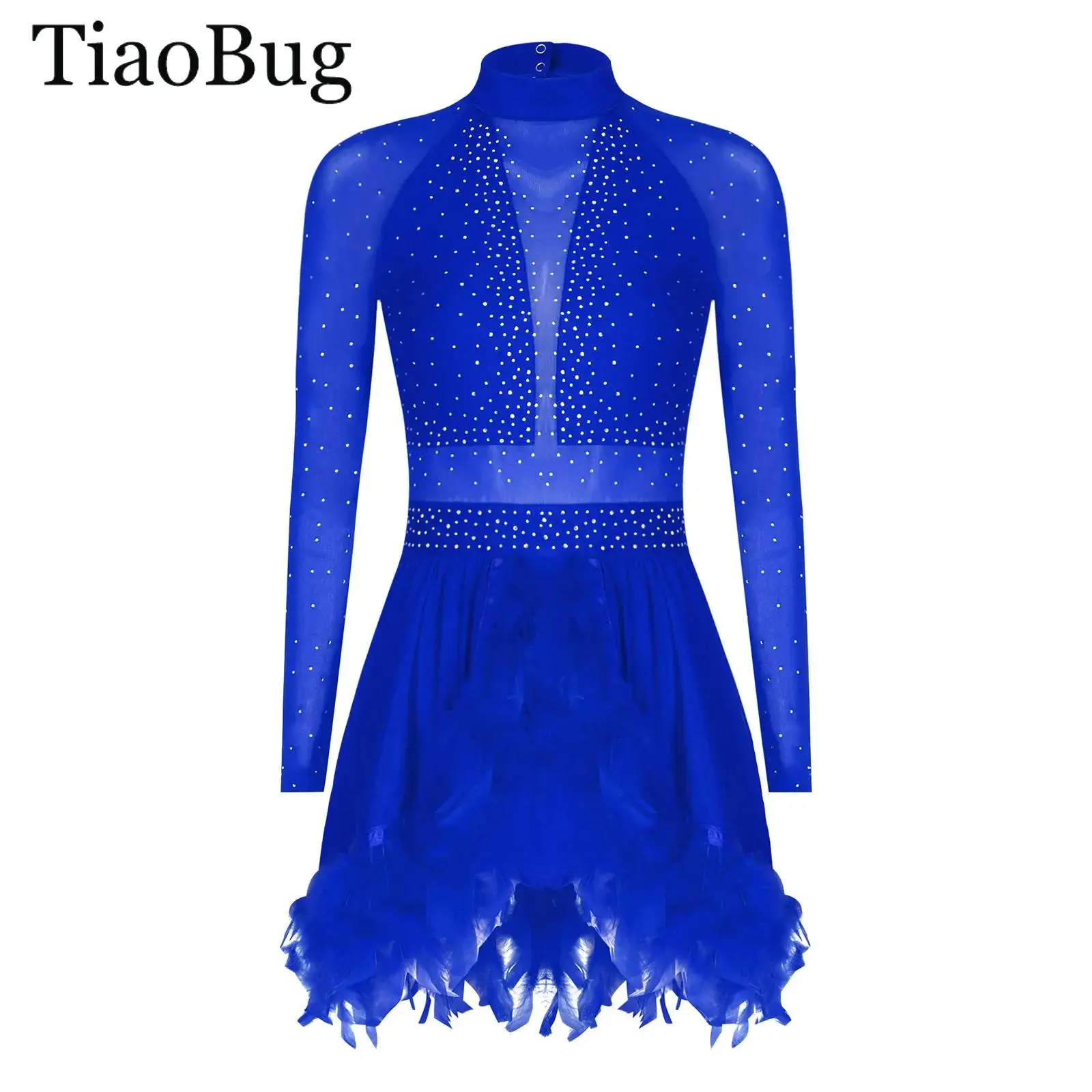 

Women Gymnastic Ballet Feather Dance Leotard Dress Mock Neck Long Sheer Mesh Back Cut Rhinestones Lyrical Figure Skating Costume
