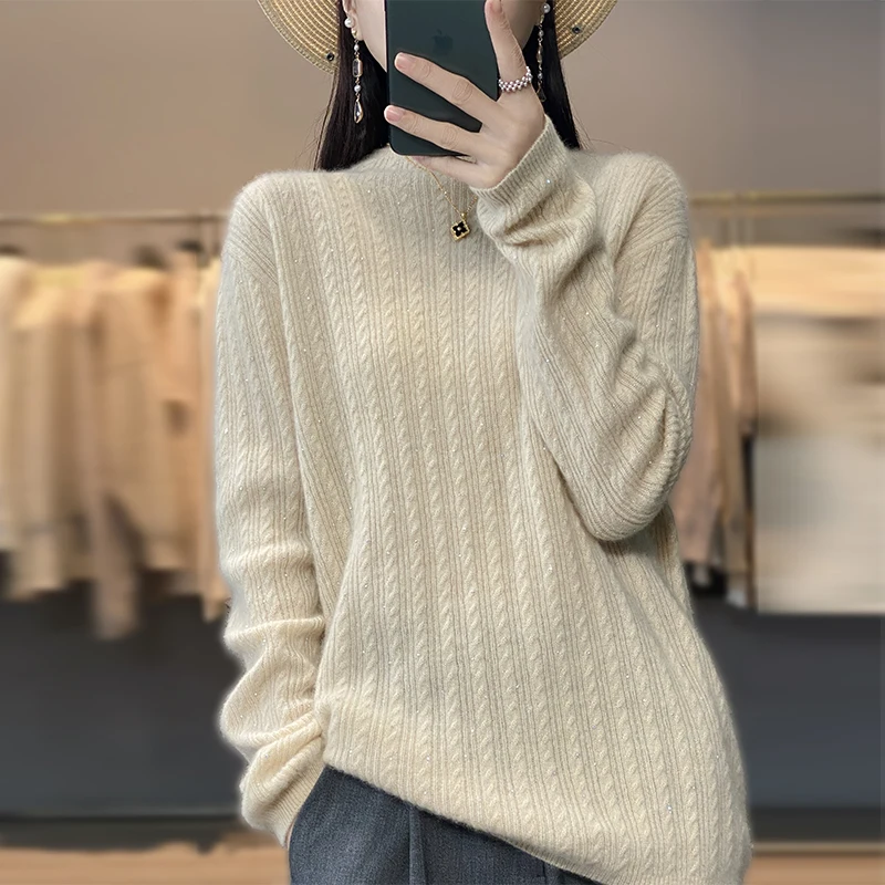 

2023 Autumn/Winter New Hot Diamond Pure Wool Knitwear Women's Autumn/Winter New Loose Half High Collar Pullover Versatile Top