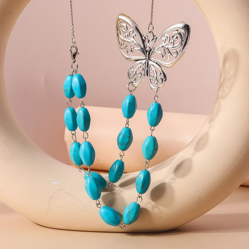 Aihua Bohemia Turquoise Stone Butterfly Necklace for Women Choker Collier Femme Ethnic Necklaces Statement Jewelry