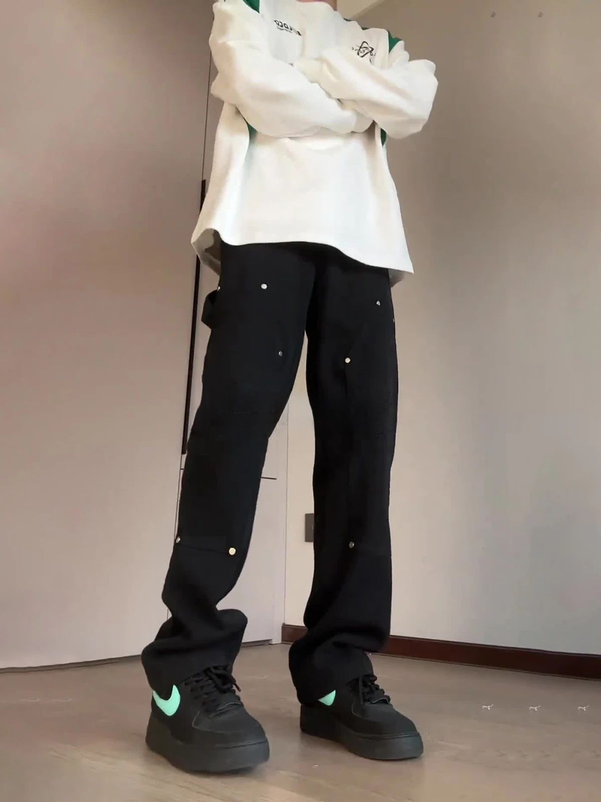 

Black Workwear Jeans Men's Cleanfit American Design Deconstructed Double Knee Logging Pants Low Waist Long Pants Denim