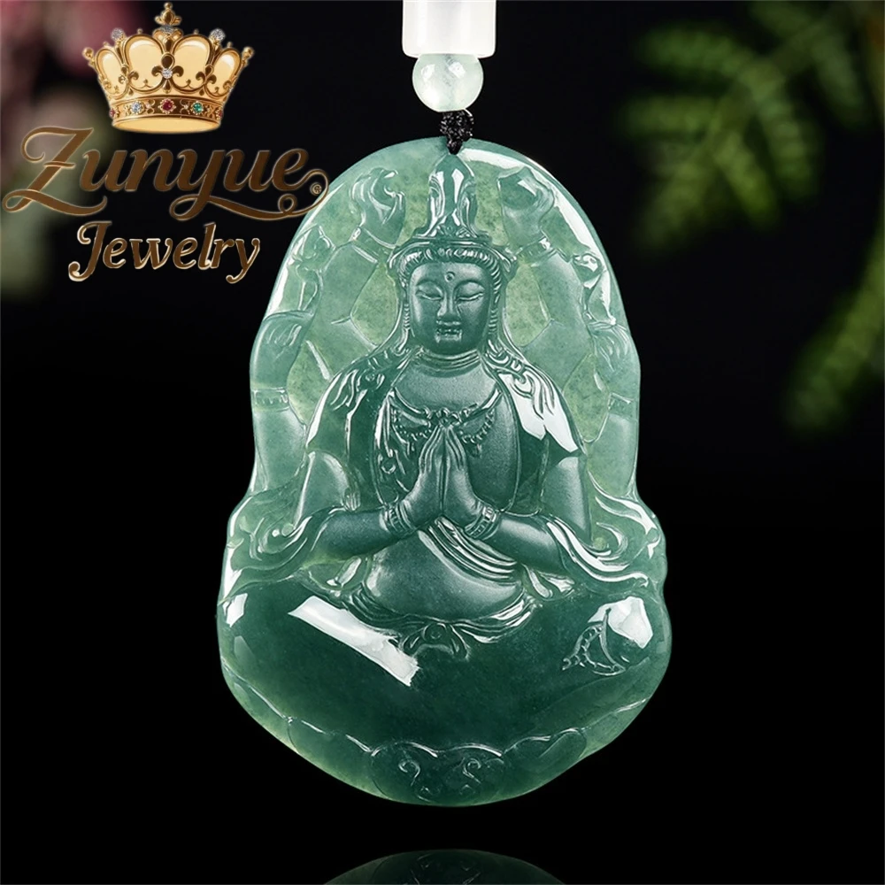 

Genuine Natural A-Grade Jadeite Blue Water Thousand-Handed Guanyin Pendant Ice-Type Jade Pendant For Men Women Amulets Mascots