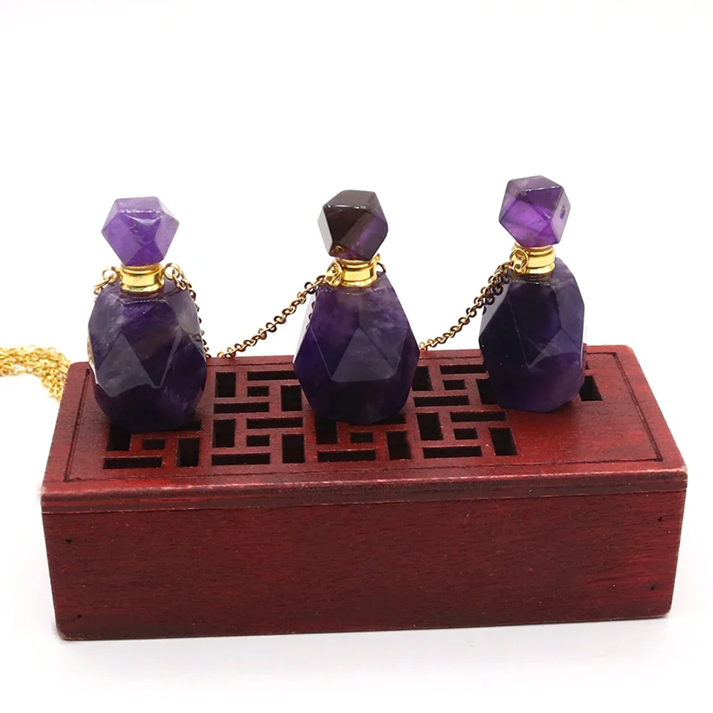 Exquisite Natural Faceted Polished Amethyst Perfume Essential Oil Bottle DIY Charms Crystal Aromatherapy Bottle Necklace Gifts
