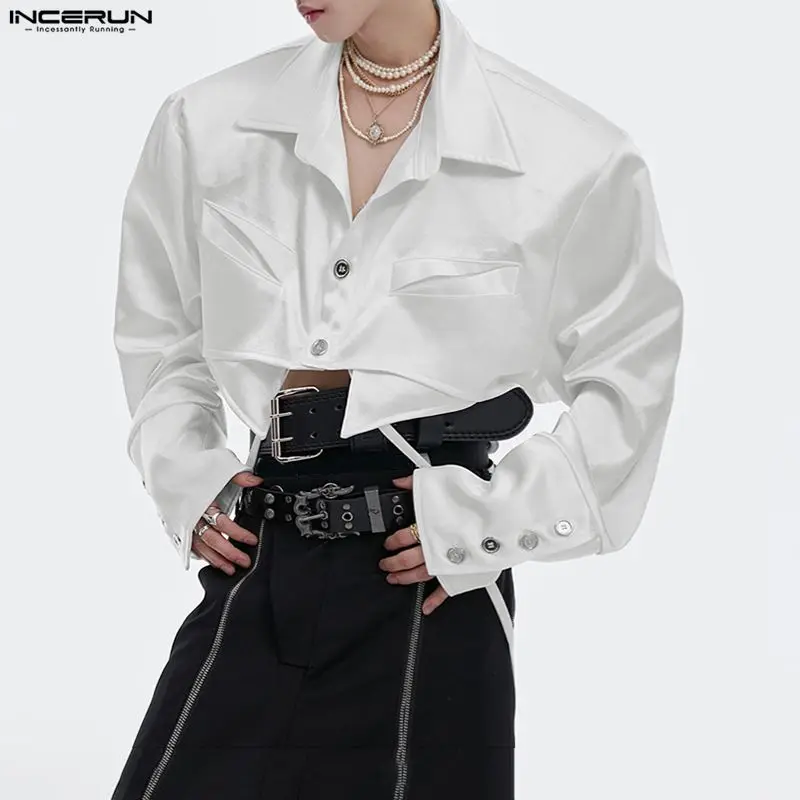 INCERUN Men Irregular Shirt Solid Color Lapel Long Sleeve Men Clothing Streetwear Loose Personality Fashion Crop Tops Men S-5XL
