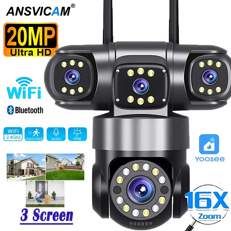 ANSVICAM 10K 20MP WIFI-Kamera HD 3 Bildschirme 4 Objektive Sicherheitskamera mit 16-fachem Zoom PTZ Nachtsicht Auto-Tracking Wasserdicht