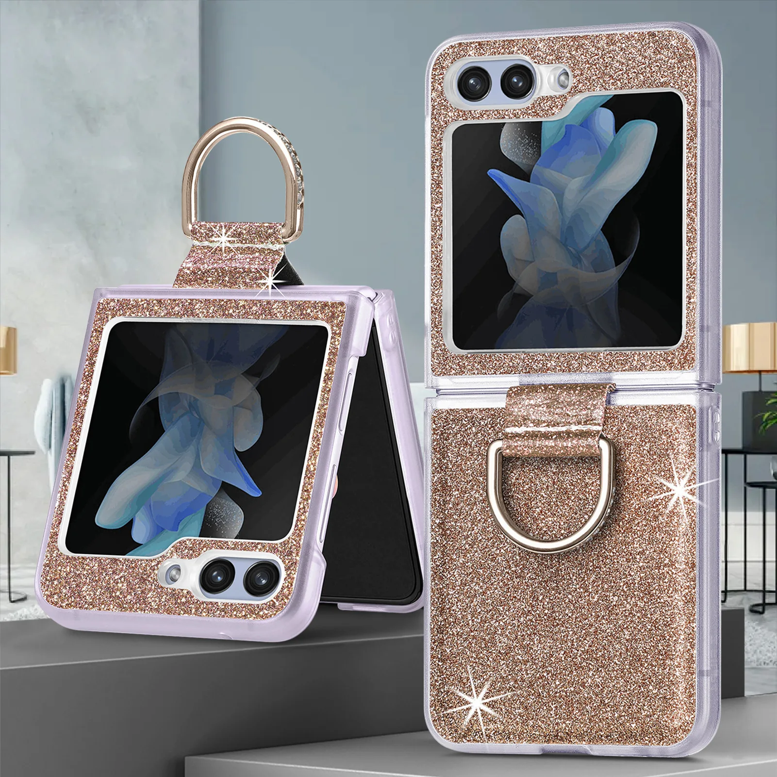 

New Arrival Glitter Hard Fold PC Phone Case with Metal Ring for Samsung Z Flip 3 4 5 Bling Back Cover