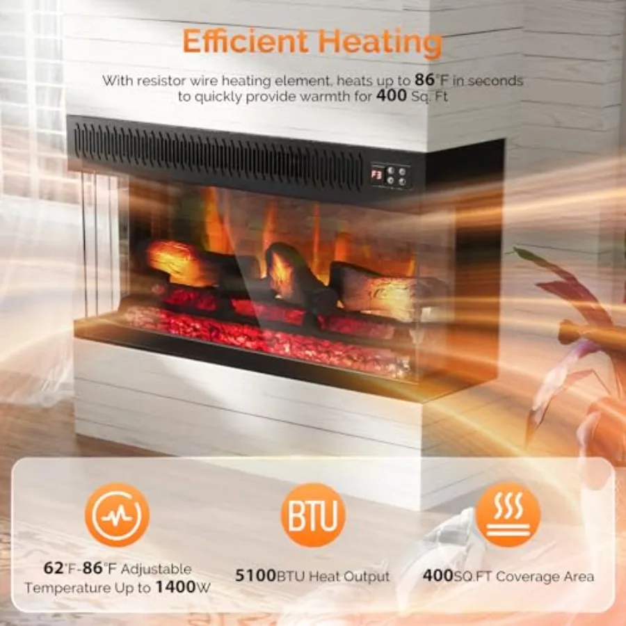36 Inch 3-Sided Glass Electric Fireplace Insert with Remote Control Wall Mounted Recessed Heater 8H Timer 20 Flame Colors for I