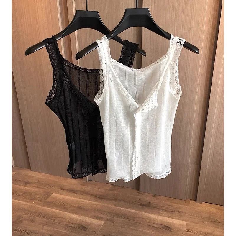 

Trendy Thin Lace V-Ne Knitted Tank Top Base Layer Vest Women's Summer Silk Upper Apparel Explosive ular Sle