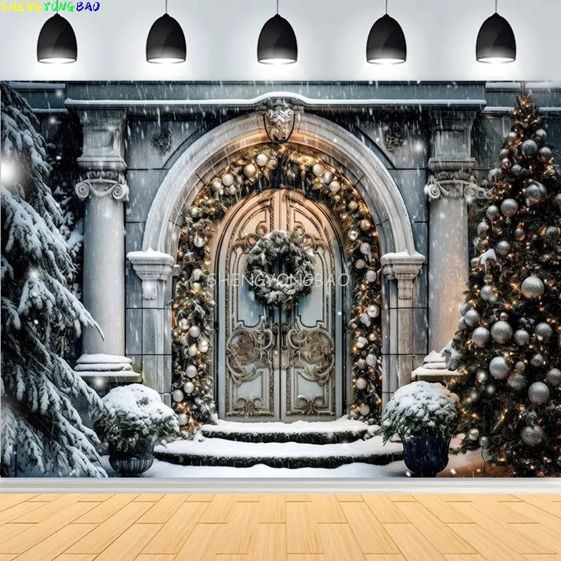 

Christmas Day Wreath Photography Backdrops Family Arch Holiday Doors Composite Digital Photo Studio Background SJ-02