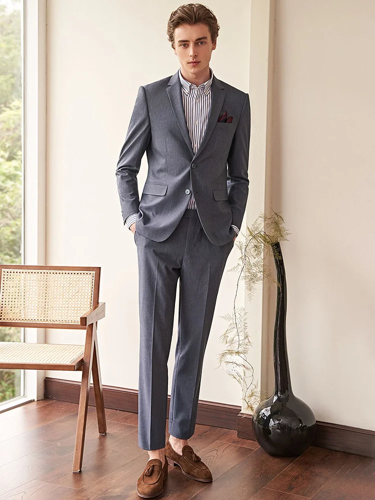 Mens Suits Set Grey Blue Stripe Luxury Wedding Groom Wear Blazer Pant Four Seasons Formal Businessman Party Clothing 44 56