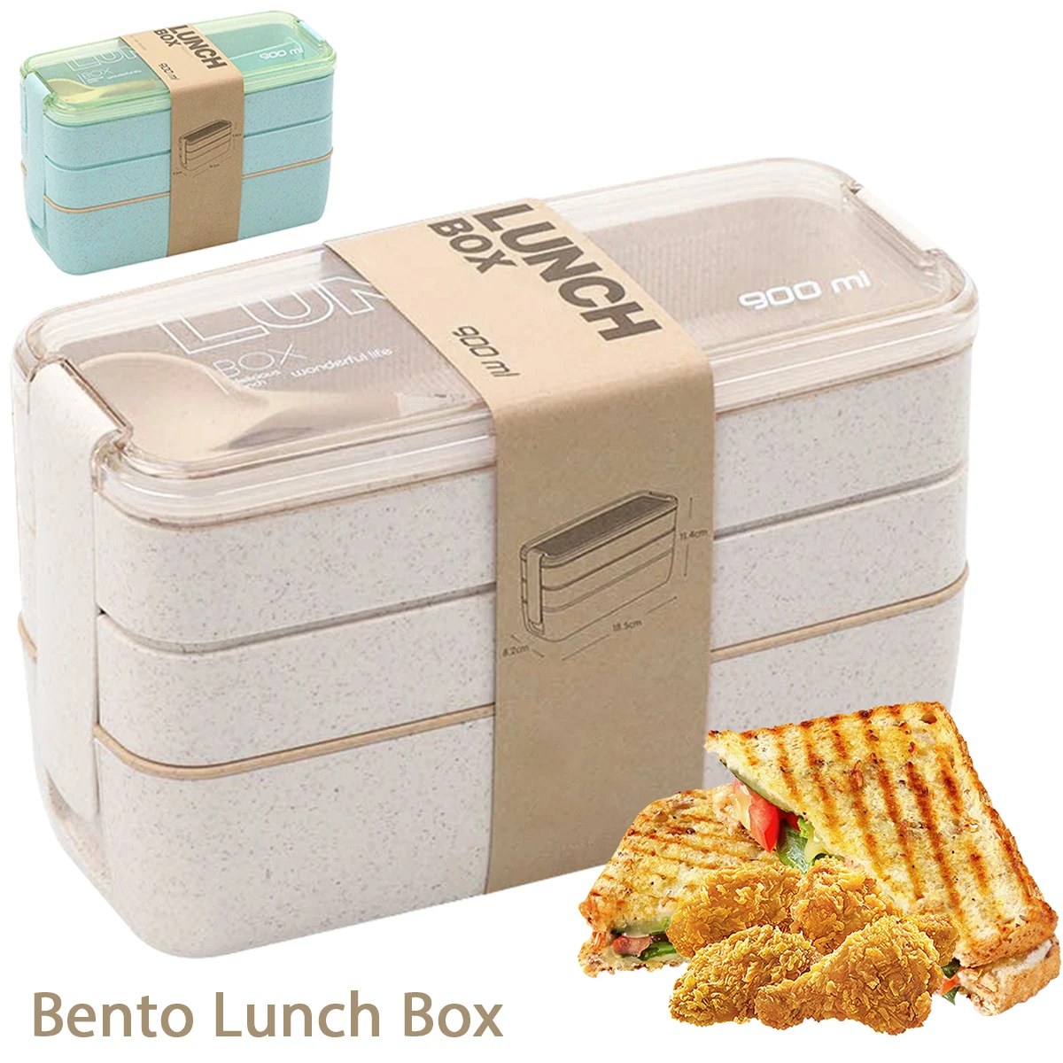 900ML Lunch Box 3 Stackable Bento Box for Adults Kids Leak-proof Portable Lunch Food Container Wheat Straw Food Storage Box