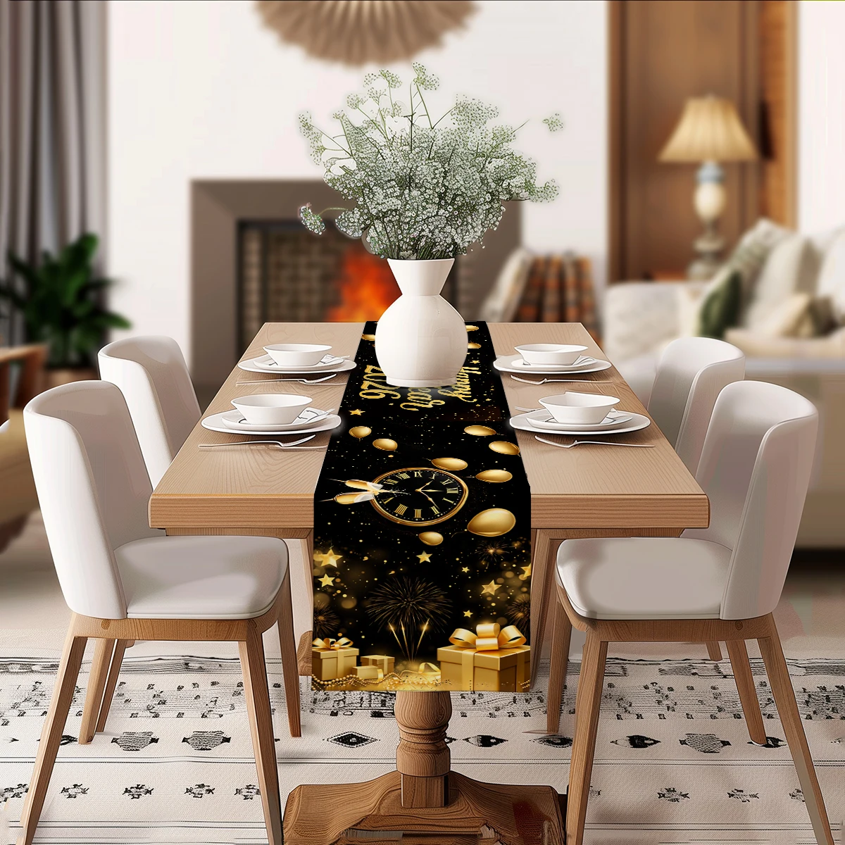 Polyester Print Table Runner Golden Clocks Balloons Stars Confetti Long Cloth Kitchen Dining Decor for Indoor Home Table Runners