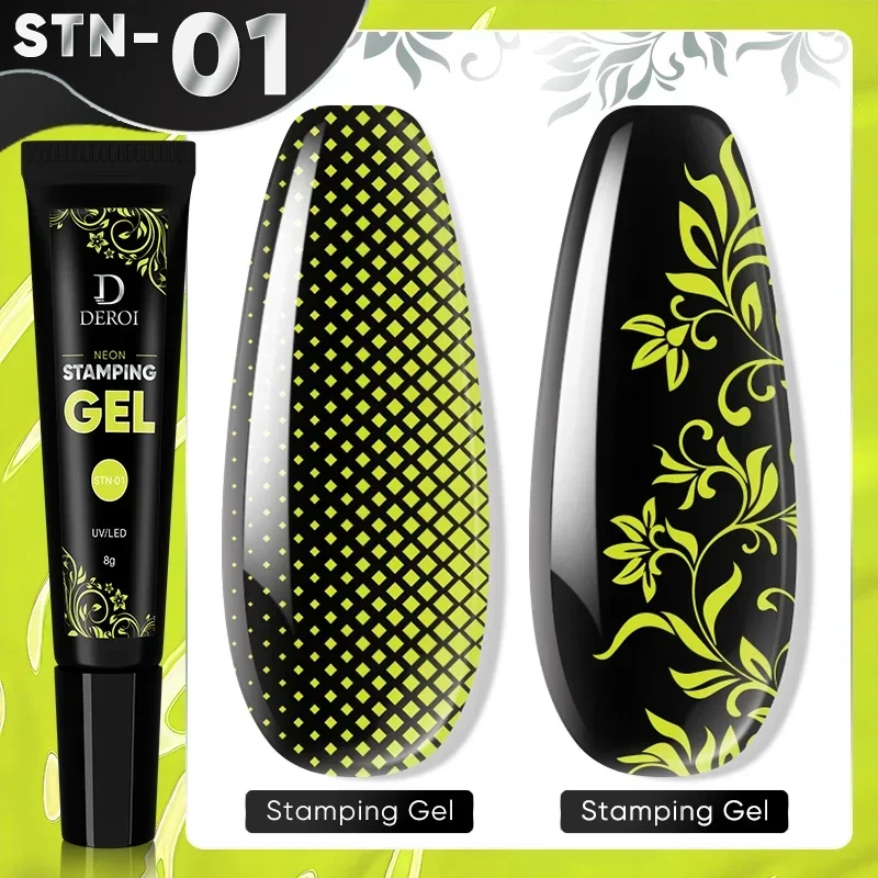 네일 스탬핑 젤 광택제 네온 컬러 네일 프린팅 광택제, UV 젤 흡수 바니시, 초보자용 DIY 네일 플레이트 디자인 DEROI, 8g