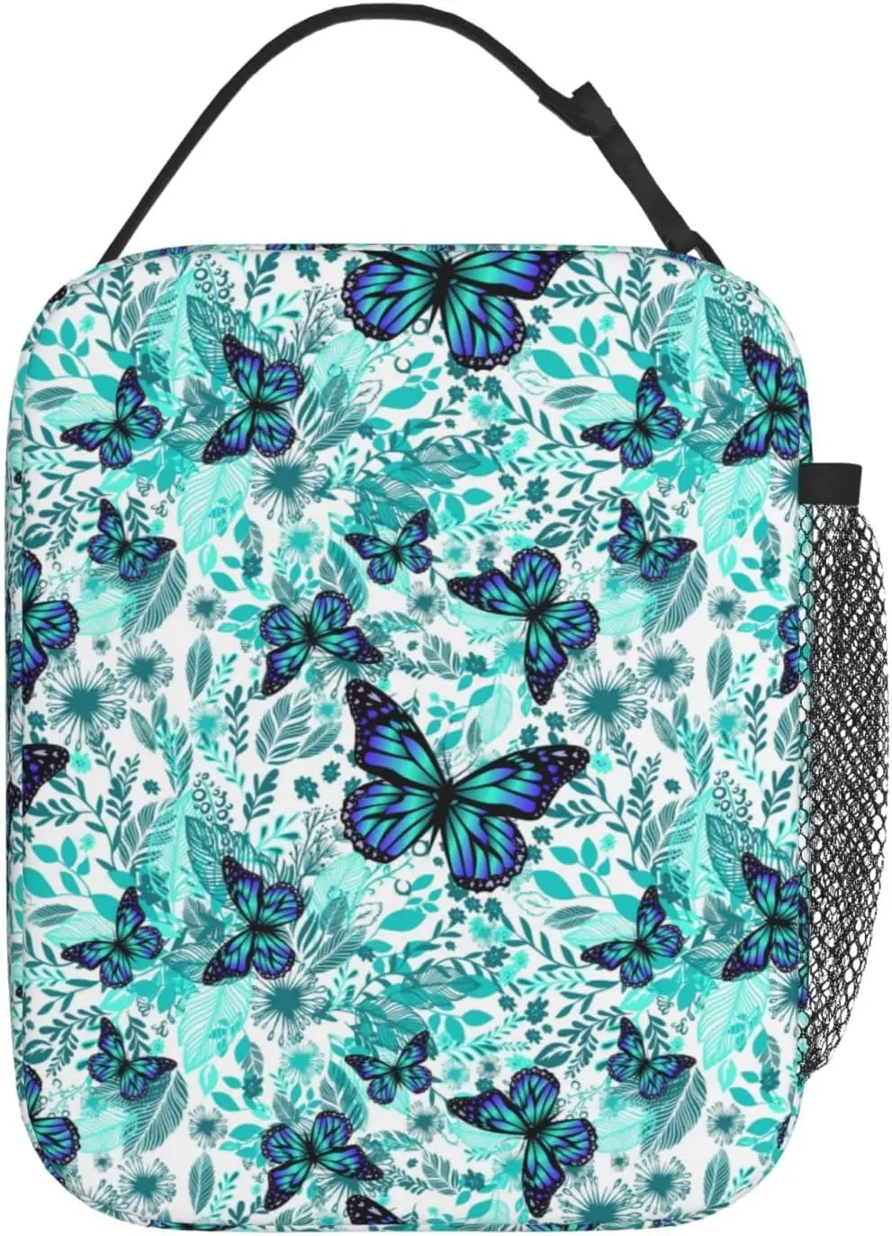 Borsa da pranzo isolata con farfalla e fiori blu per borsa da viaggio da ufficio per donna e uomo taglia unica per Picnic Shcool