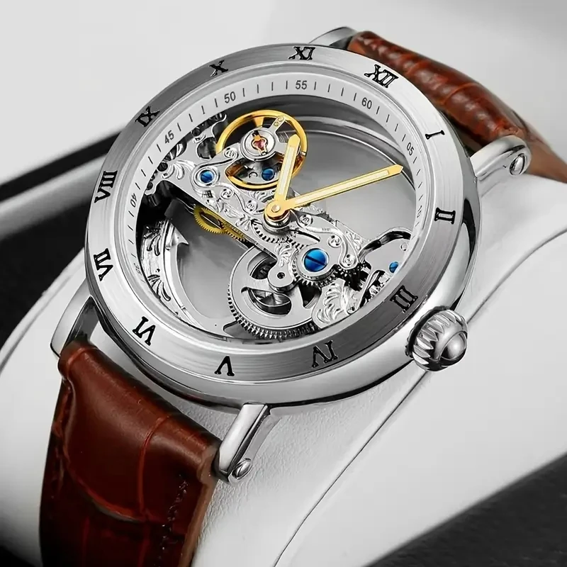 Vintage Mechanical Watches Golden Bridge Skeleton Automatic Men's Watch Luxury Genuine Leather Strap Carved Movement Luminous Hands