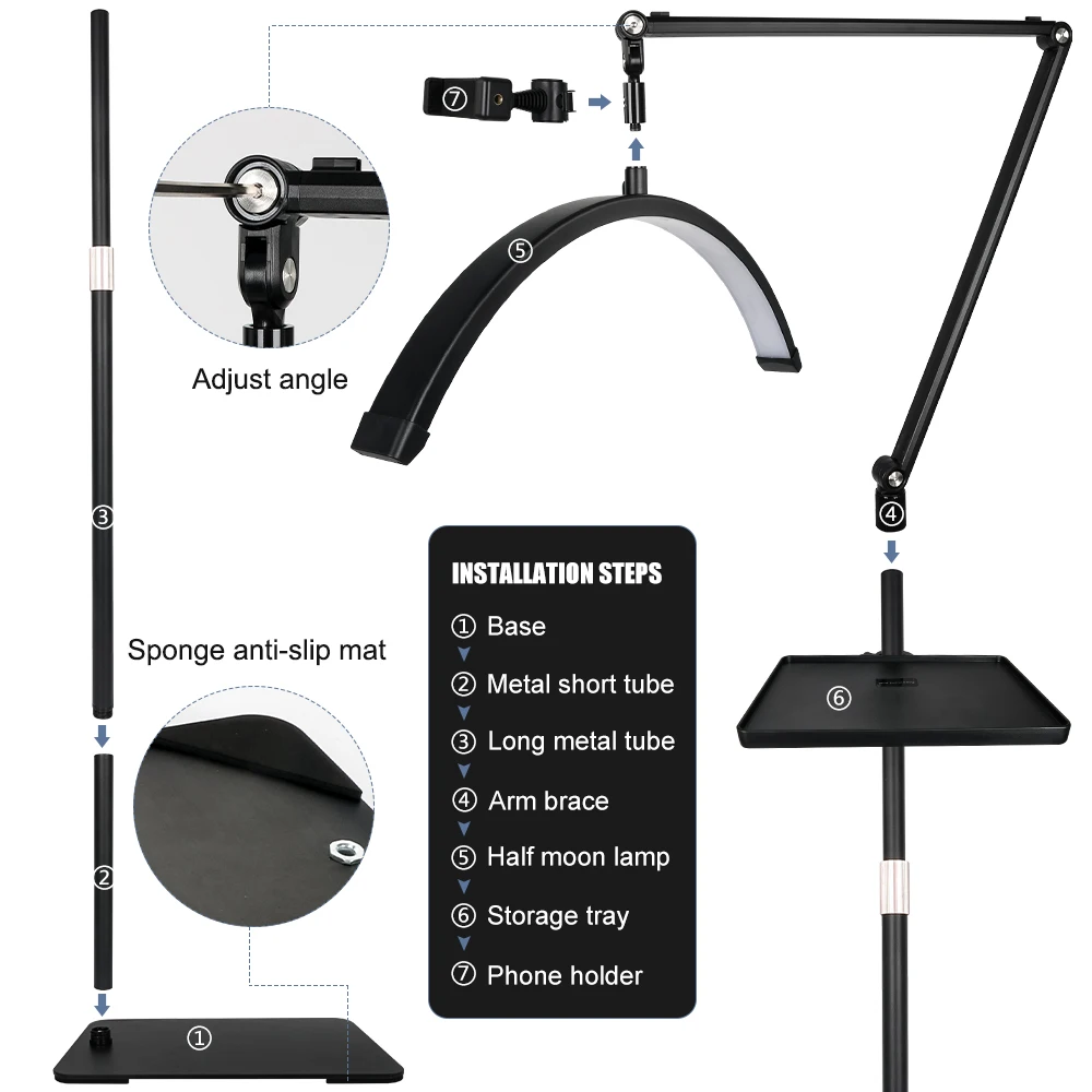 23INCH LED Video Light Fill Light 3200K-5600K with Tray Phone Holder Flexible Arm Half Moon Lamp for Nail Tech Esthetician