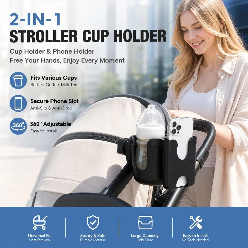 

2-in-1 Universal Cup Holder with Phone Stand for Baby Stroller Walker Wheelchair Bike Universal Stroller Cup Phone Holder
