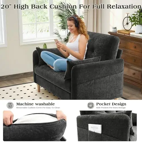 Piccolo divano a due posti, comodo divano in tessuto ciniglia per piccoli spazi, appartamento, dormitorio con fodera per cuscino rimovibile