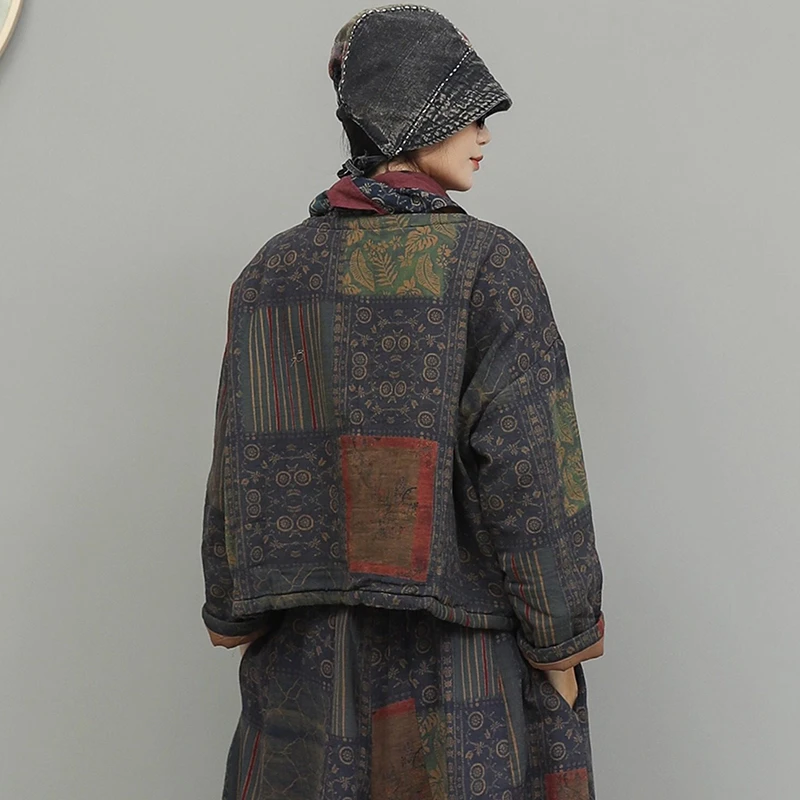 Pulôveres casuais de linho de algodão feminino nova chegada 2025 inverno estilo vintage o pescoço estampa floral feminino grosso casacos quentes m2151