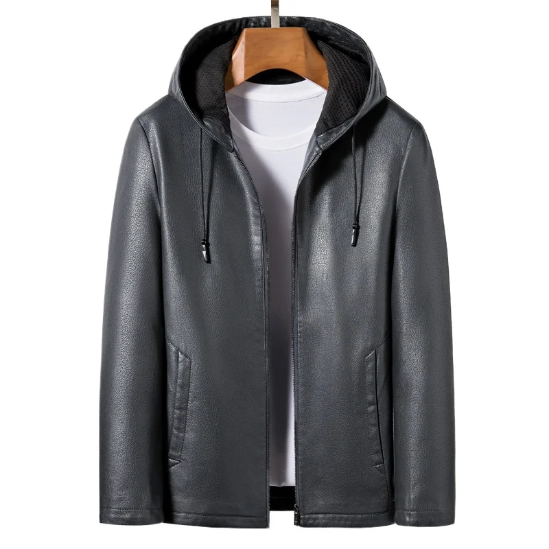 

2024 High Quality Hooded Leather Fashion Handsome Trend Solid Color Casual Dad Dad Motorcycle Leather Jacket Upscale M-4XL