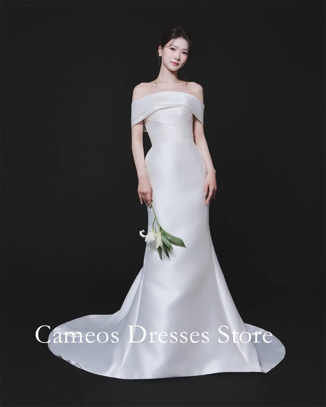 Off‑the‑Shoulder Satin Mermaid Wedding Dress Folded Neckline Fitted Bridal Gown With Sweep Train Formal Wedding Dress For Women
