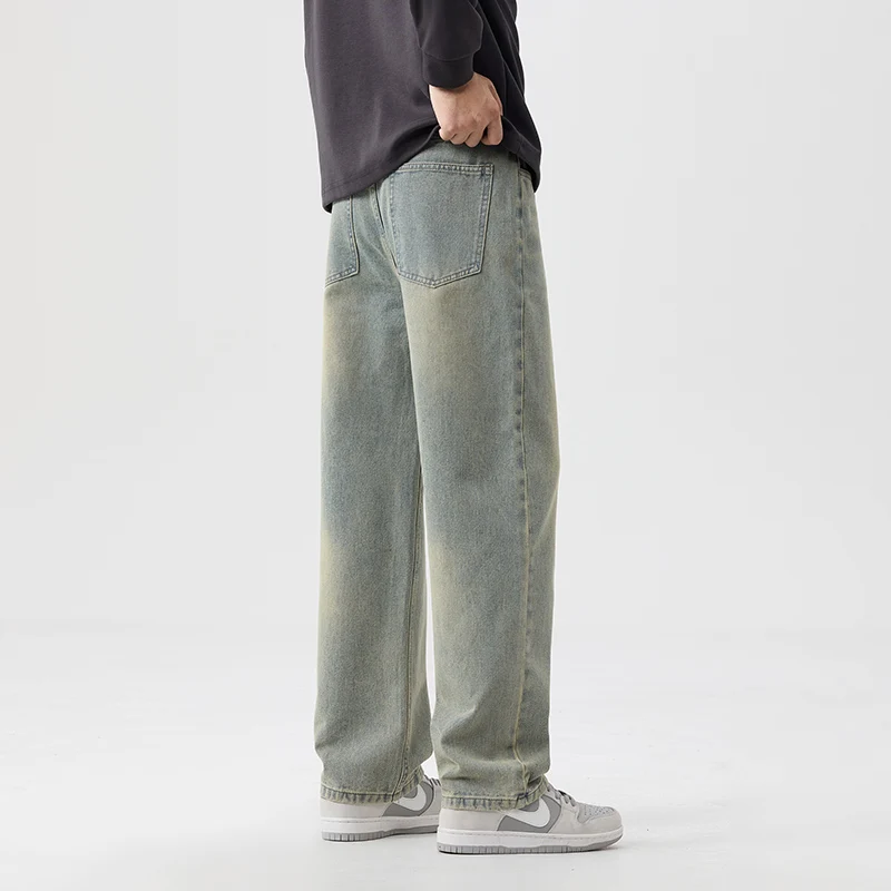 Heren retro-stijl losse pasvorm rechte pijpen wijde pijpen jeans 2025, herfst winter trendy vintage casual lange broek plus maat 38