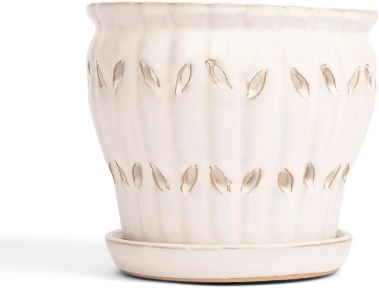 

6 Inch Ceramic Orchid Pot with Holes, Pinwheel Fluted Design in White Diamond - Includes Free Slotted Liner
